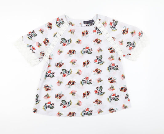 Marks and Spencer Womens Blue Floral Polyester Basic T-Shirt Size 8 Round Neck