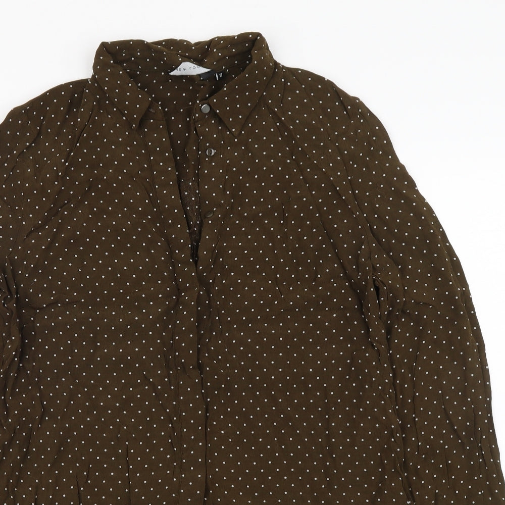 New Look Womens Brown Polka Dot Polyester Basic Button-Up Size 10 Collared