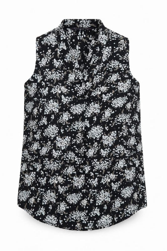 Marks and Spencer Womens Black Floral Polyester Basic Blouse Size 8 V-Neck
