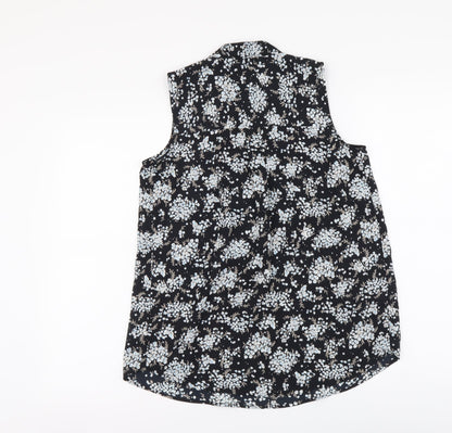 Marks & Spencer Womens Black Floral Polyester Basic Blouse Size 8 V-Neck