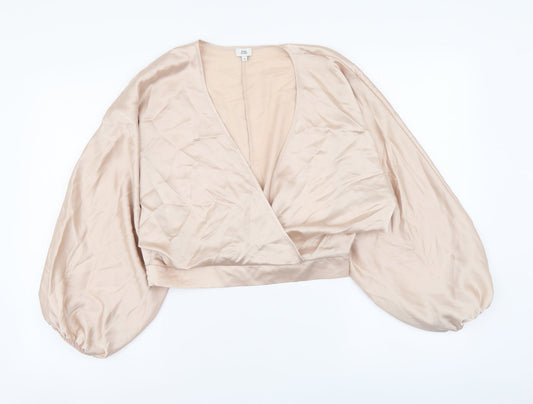 River Island Womens Beige Polyester Cropped Blouse Size 10 V-Neck
