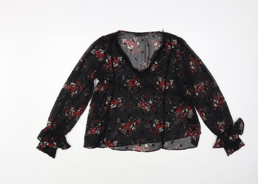 Zara Womens Black Floral Polyester Basic Blouse Size M V-Neck - Lace Detail
