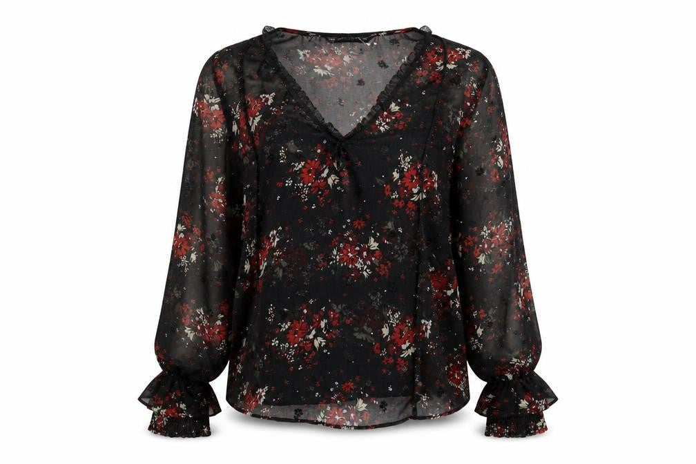 Zara Womens Black Floral Polyester Basic Blouse Size M V-Neck - Lace Detail