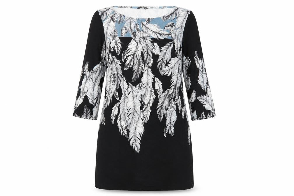 M&Co Womens Black Floral Viscose Tunic Blouse Size 12 Boat Neck