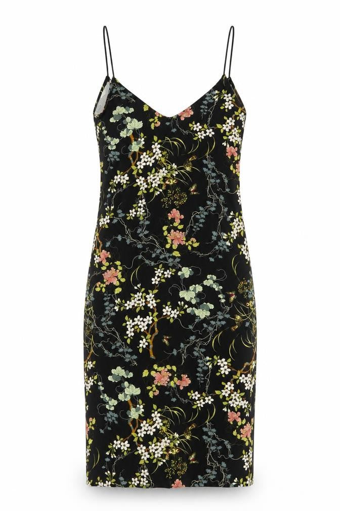 Pull&Bear Womens Black Floral Polyester Slip Dress Size S V-Neck Pullover