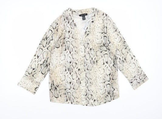 New Look Womens Beige Animal Print Polyester Basic Blouse Size 8 V-Neck - Snakeskin