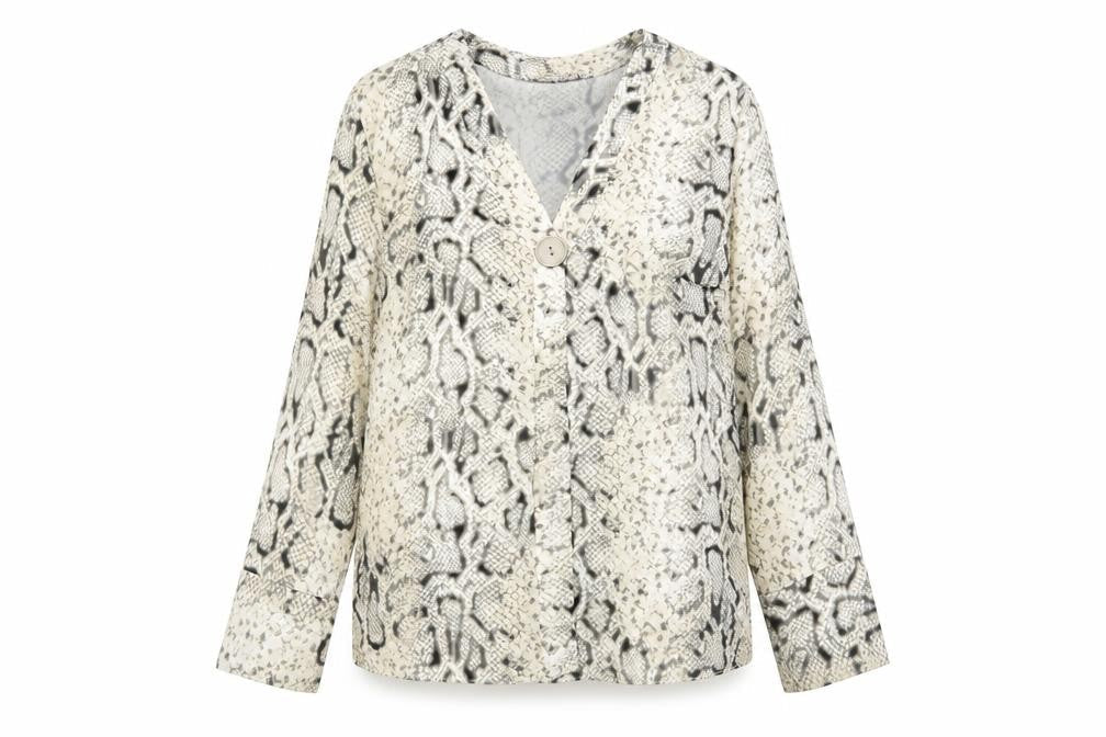 New Look Womens Beige Animal Print Polyester Basic Blouse Size 8 V-Neck - Snakeskin