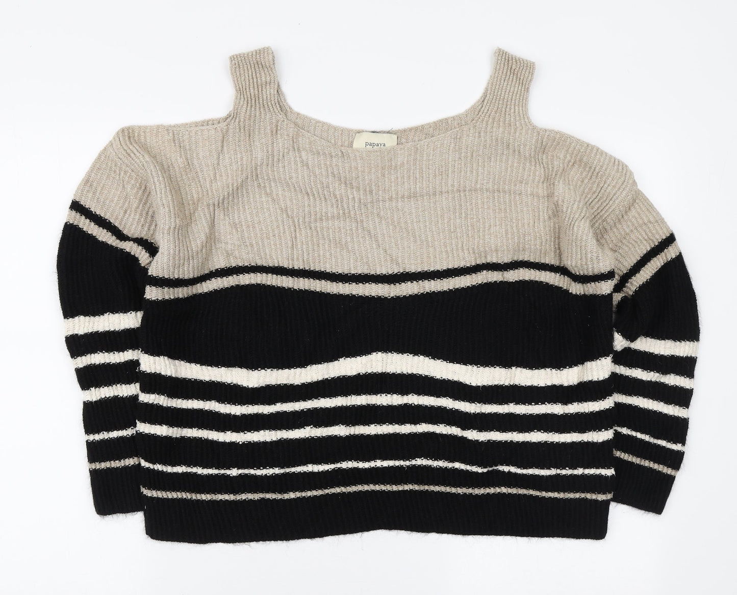 Papaya Womens Black Boat Neck Striped Acrylic Pullover Jumper Size M - Cold Shoulders