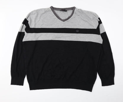 Next Mens Black V-Neck Striped Cotton Pullover Jumper Size L