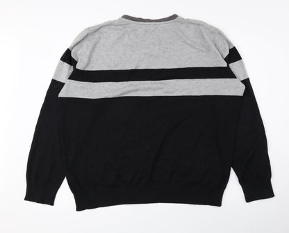 Next Mens Black V-Neck Striped Cotton Pullover Jumper Size L