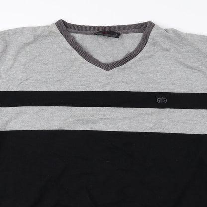 Next Mens Black V-Neck Striped Cotton Pullover Jumper Size L
