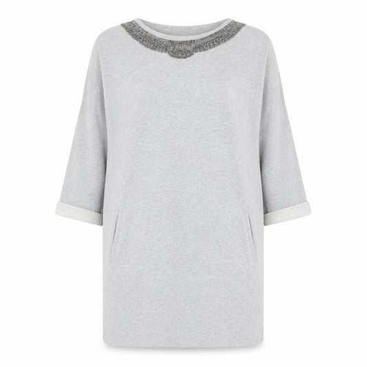 Linea Weekend Womens Grey Cotton Jumper Dress Size 14 Round Neck Pullover - Embellished Neckline