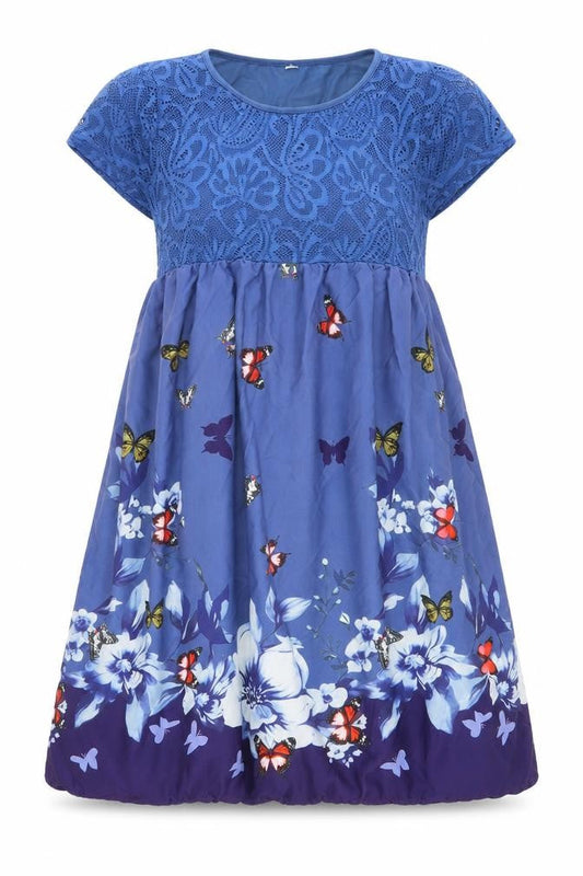 Womens Blue Geometric Polyester A-Line Size 6 Round Neck Pullover - Lace Detail, Butterfly