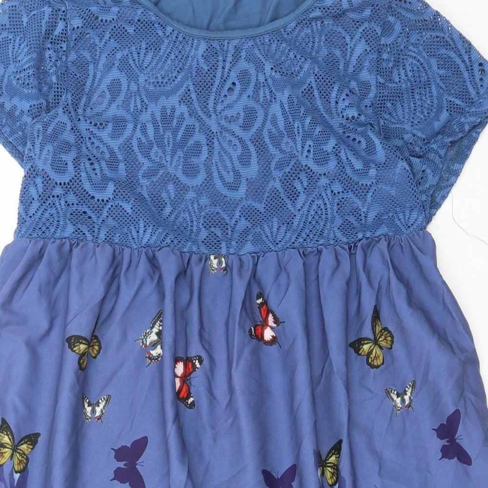 Preworn Womens Blue Geometric Polyester A-Line Size 6 Round Neck Pullover - Lace Detail, Butterfly