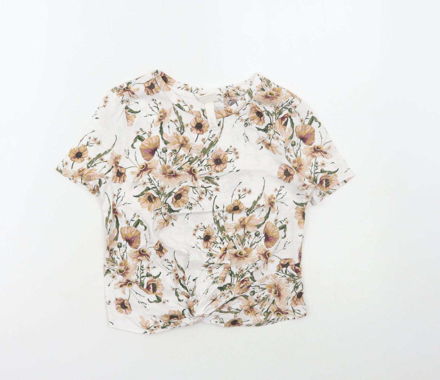 H&M Womens White Floral Cotton Cropped T-Shirt Size XS Round Neck