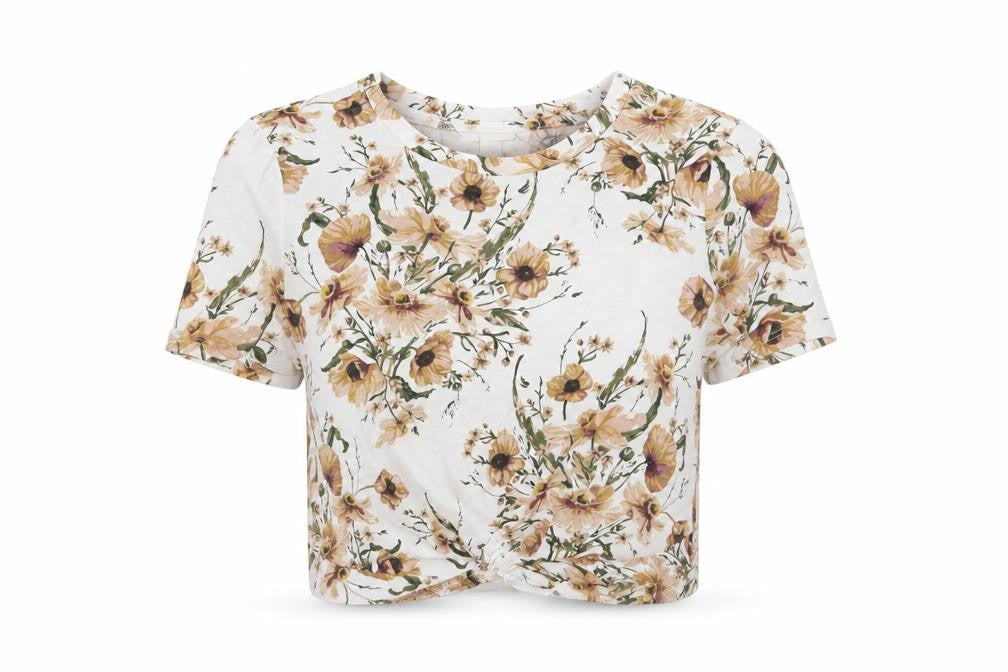 H&M Womens White Floral Cotton Cropped T-Shirt Size XS Round Neck