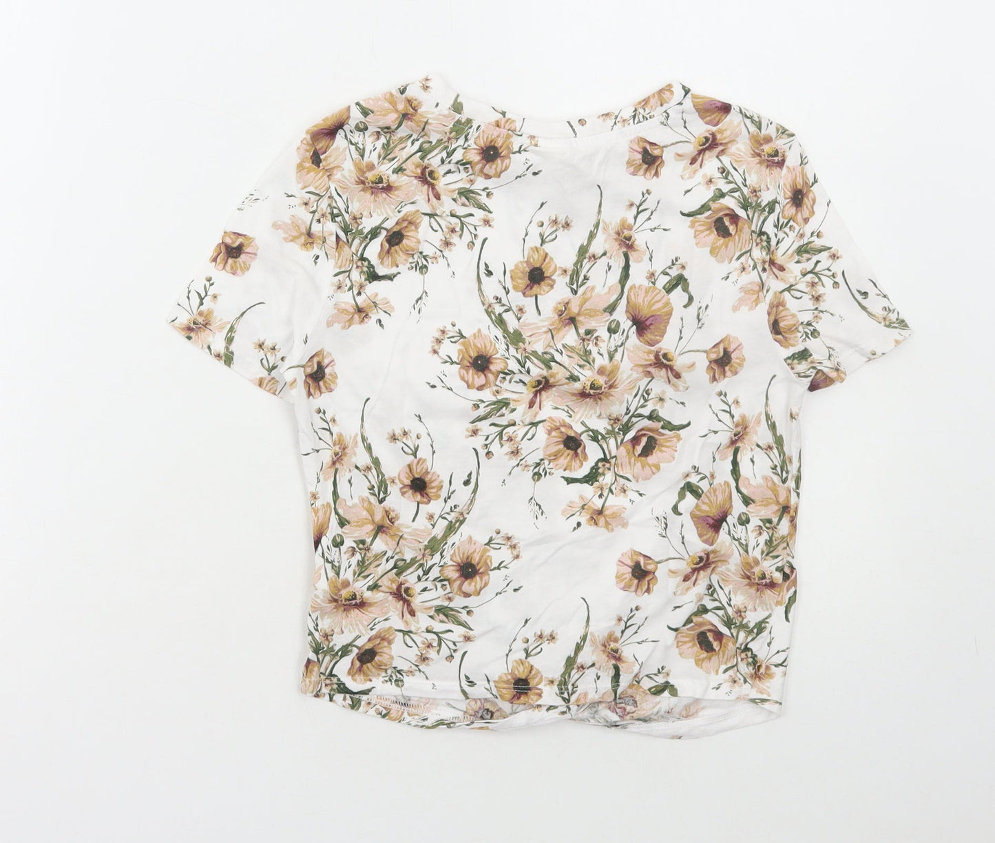 H&M Womens White Floral Cotton Cropped T-Shirt Size XS Round Neck