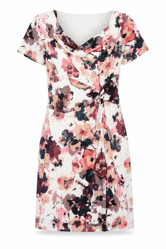 Marks and Spencer Womens Pink Floral Polyester A-Line Size 12 Cowl Neck Pullover - Twist Front
