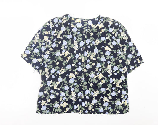 Preworn Womens Blue Floral Polyester Basic Button-Up Size 14 Round Neck