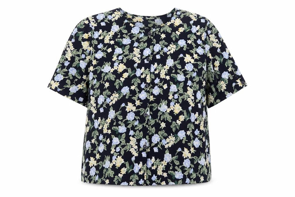 Preworn Womens Blue Floral Polyester Basic Button-Up Size 14 Round Neck