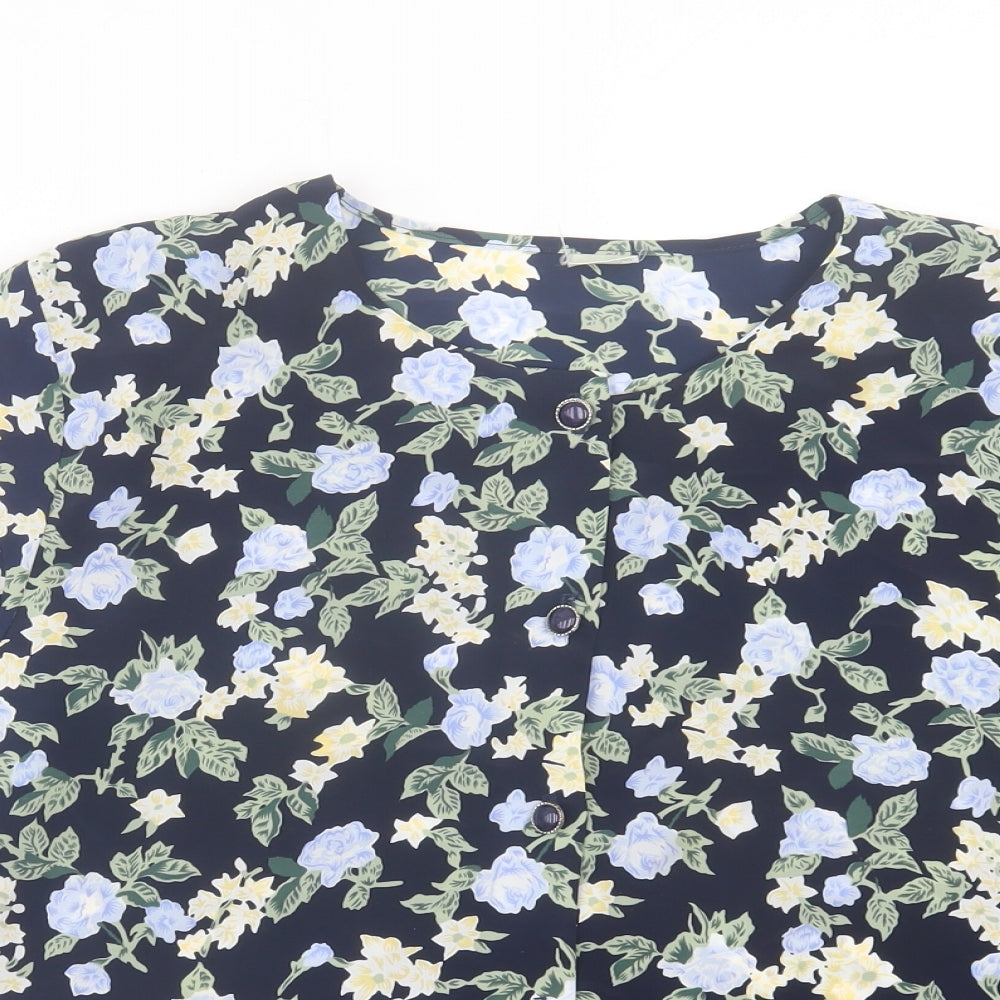 Preworn Womens Blue Floral Polyester Basic Button-Up Size 14 Round Neck