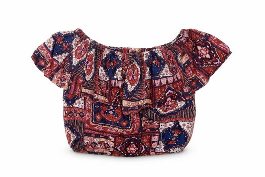 Hollister Womens Red Geometric Viscose Cropped Blouse Size M Off the Shoulder