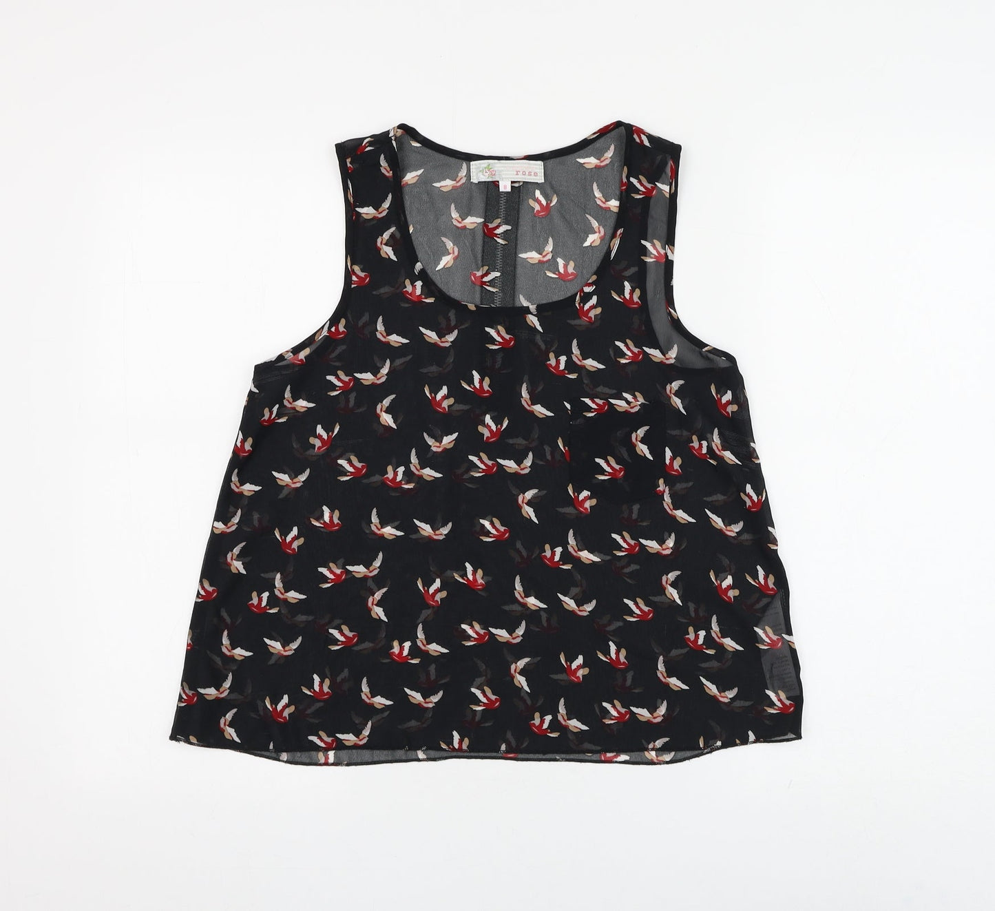Cameo Rose Womens Black Geometric Polyester Basic Blouse Size 8 Round Neck - Bird Pattern