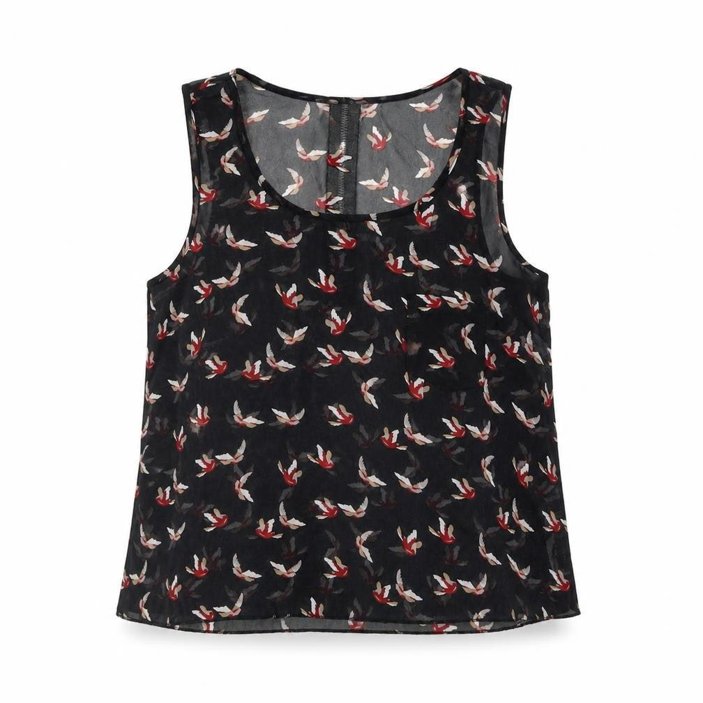 Cameo Rose Womens Black Geometric Polyester Basic Blouse Size 8 Round Neck - Bird Pattern