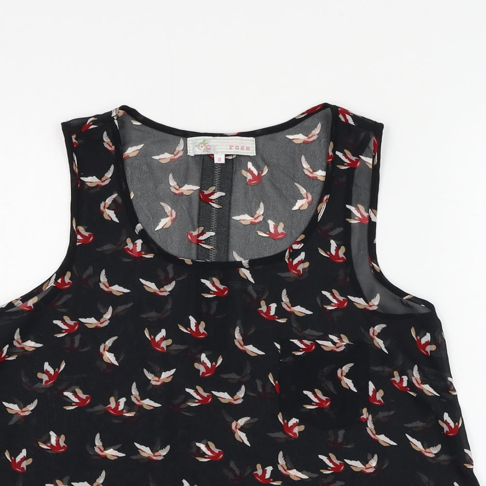 Cameo Rose Womens Black Geometric Polyester Basic Blouse Size 8 Round Neck - Bird Pattern