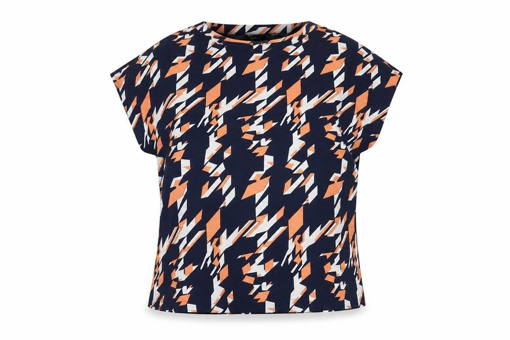 Marble Womens Blue Geometric Polyester Basic Blouse Size M Boat Neck
