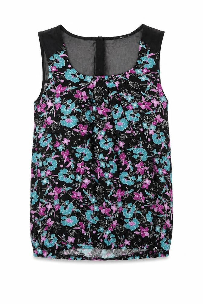 M&Co Womens Black Floral Viscose Basic Blouse Size 8 Scoop Neck