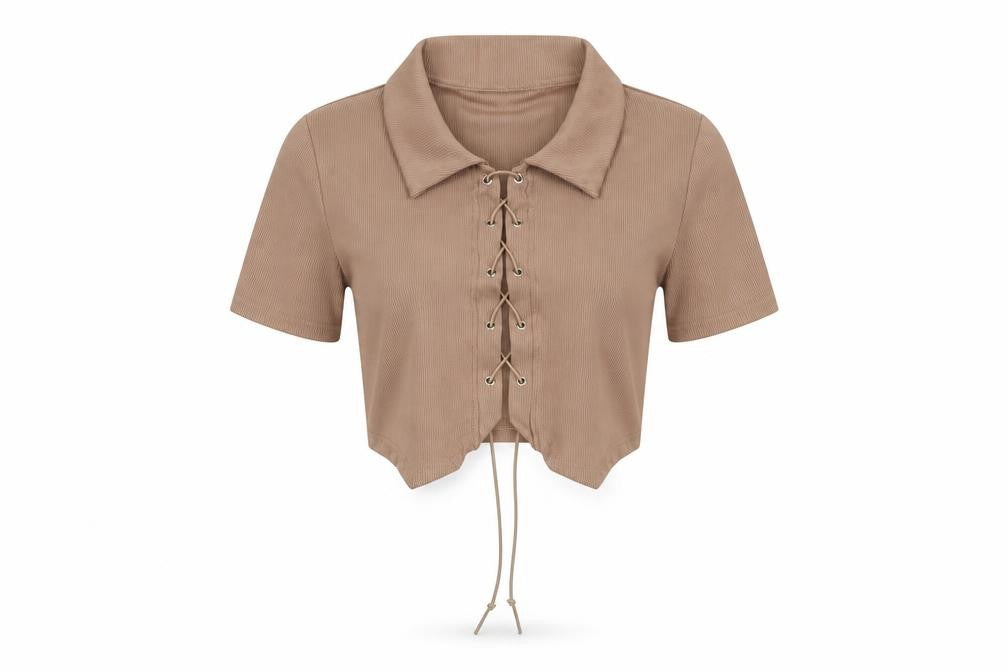 ROMWE Womens Brown Polyester Cropped Blouse Size M Collared