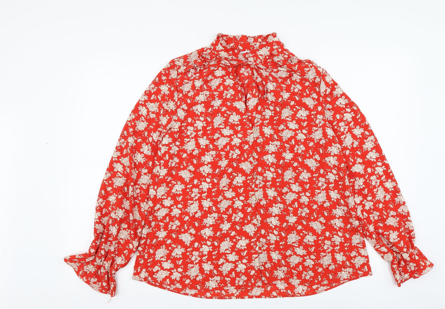 Zara Womens Red Floral Polyester Basic Button-Up Size S Round Neck