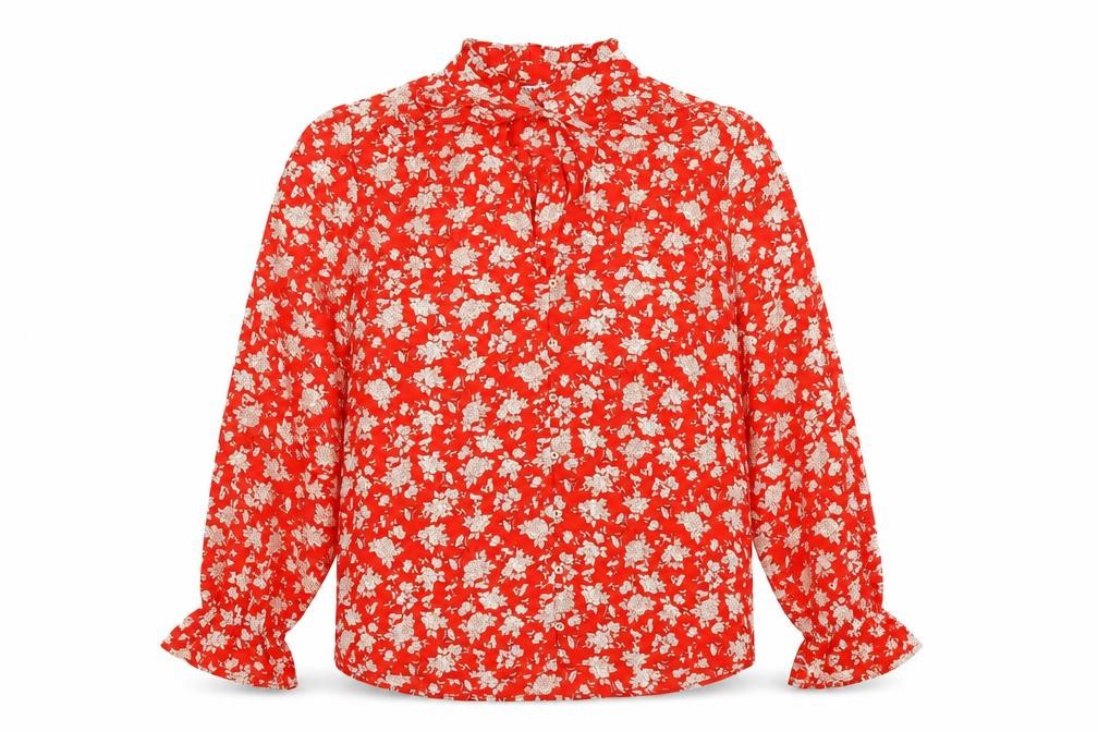 Zara Womens Red Floral Polyester Basic Button-Up Size S Round Neck