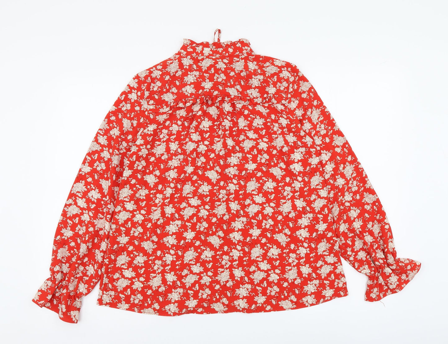 Zara Womens Red Floral Polyester Basic Button-Up Size S Round Neck