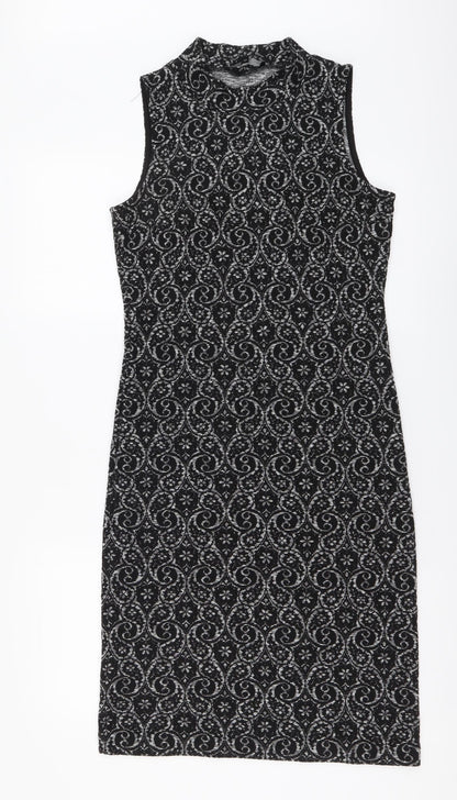 Next Womens Black Geometric Polyester Bodycon Size 8 Mock Neck Pullover