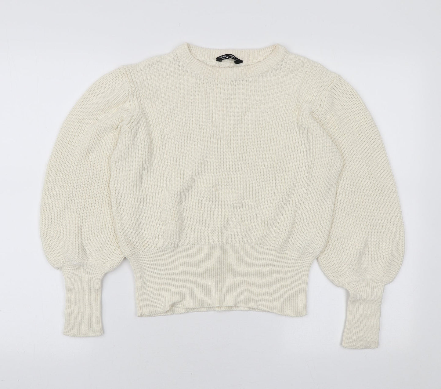 Select Womens Ivory Round Neck Cotton Pullover Jumper Size M - Tie Sleeve Detail