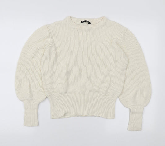 Select Womens Ivory Round Neck Cotton Pullover Jumper Size M - Tie Sleeve Detail