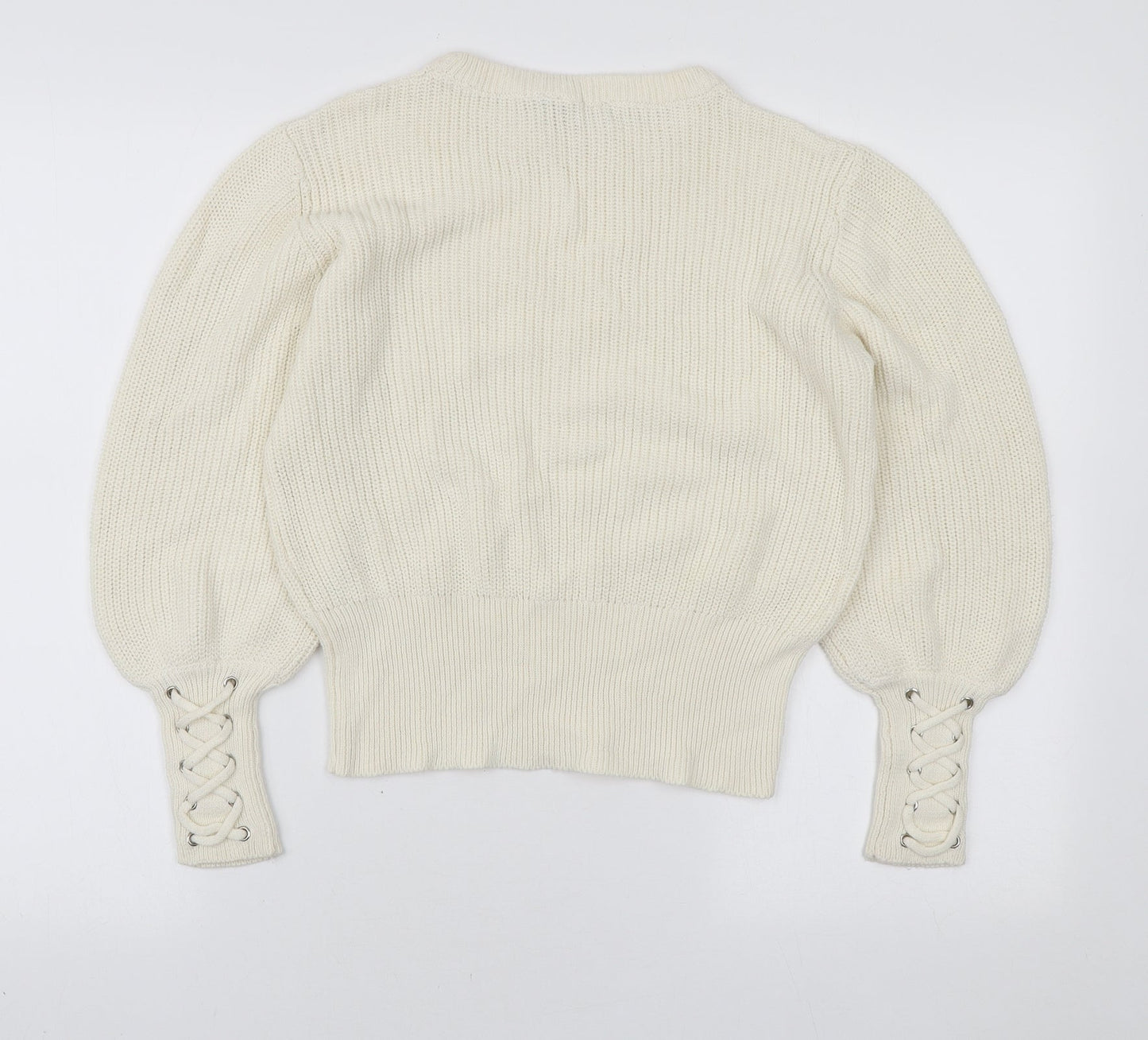 Select Womens Ivory Round Neck Cotton Pullover Jumper Size M - Tie Sleeve Detail