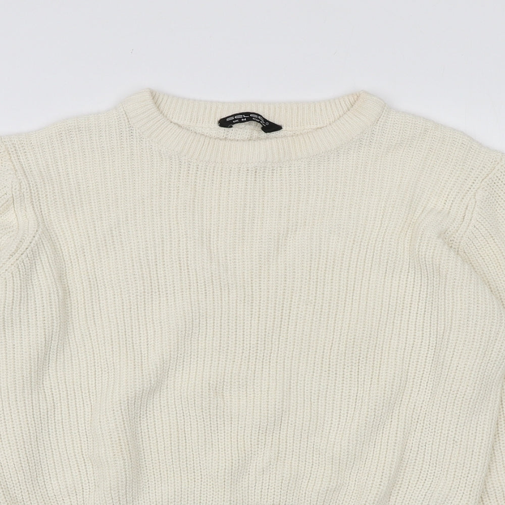 Select Womens Ivory Round Neck Cotton Pullover Jumper Size M - Tie Sleeve Detail