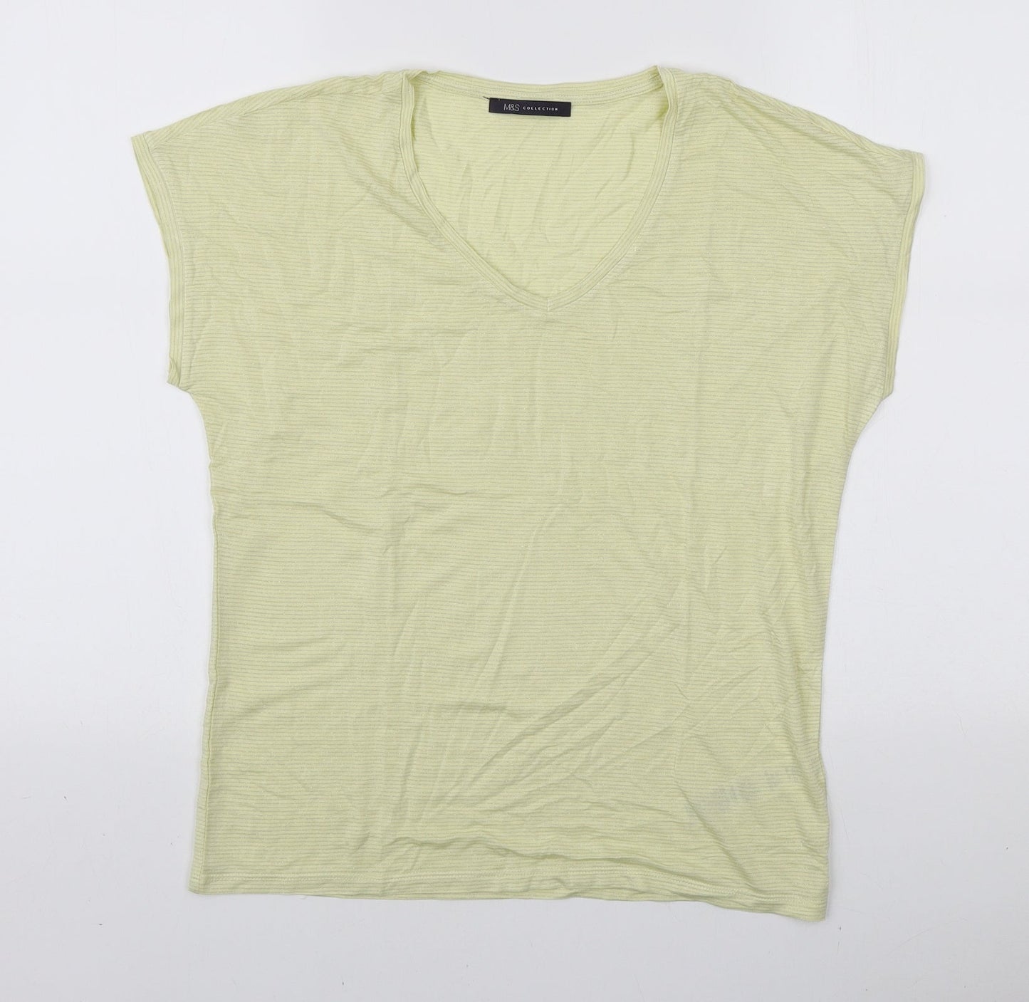 Marks and Spencer Womens Yellow Striped Viscose Basic T-Shirt Size 10 V-Neck