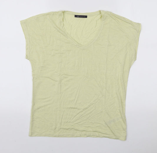 Marks and Spencer Womens Yellow Striped Viscose Basic T-Shirt Size 10 V-Neck
