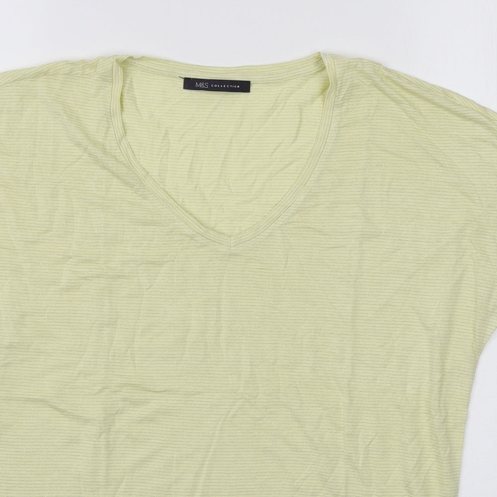 Marks and Spencer Womens Yellow Striped Viscose Basic T-Shirt Size 10 V-Neck