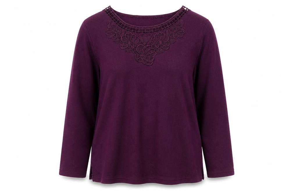 Preworn Womens Purple Round Neck Polyester Pullover Jumper Size L - Lace Neckline