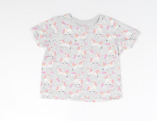 Primark Girls Grey Geometric Cotton Basic T-Shirt Size 2-3 Years Round Neck Pullover - Unicorn