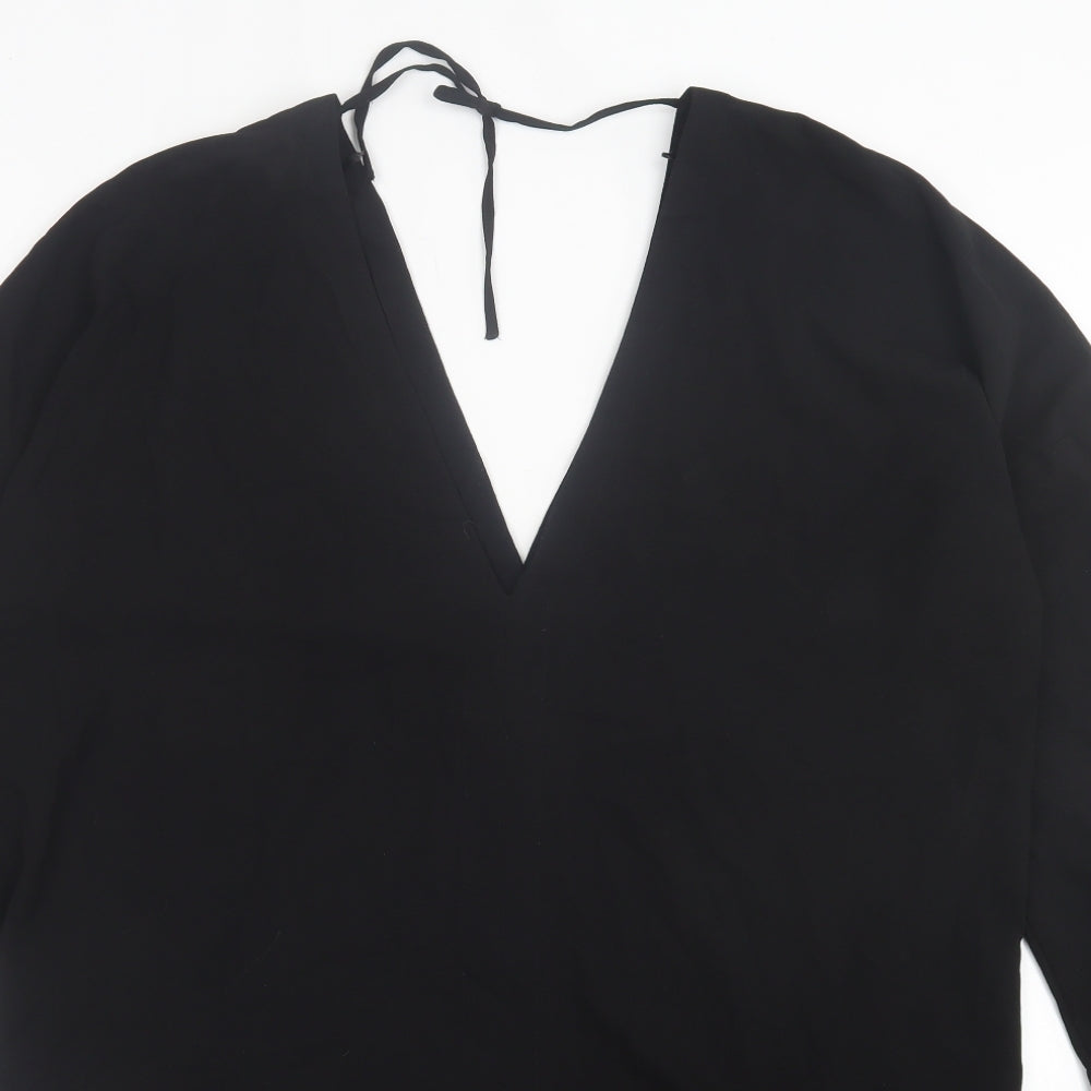 H&M Womens Black Polyester A-Line Size 8 V-Neck Button