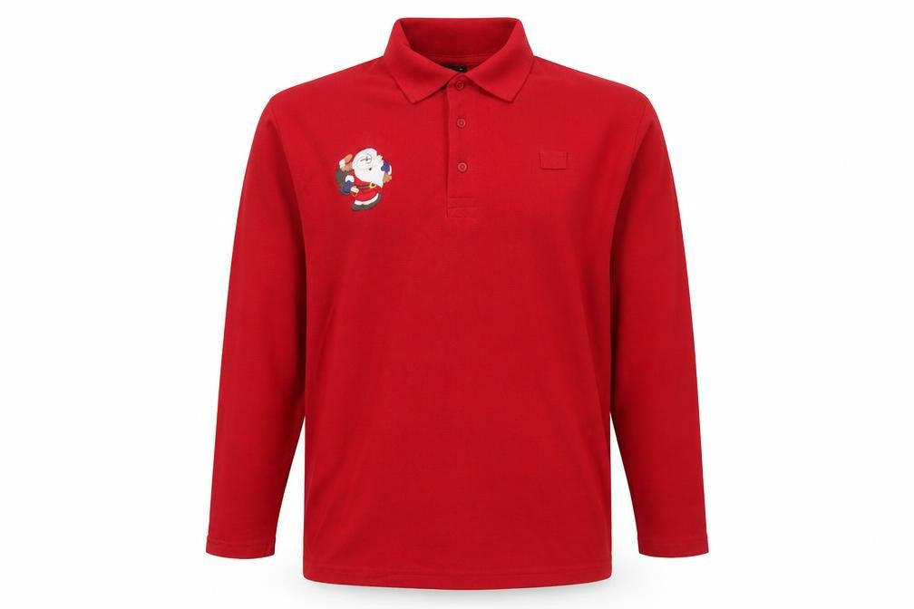 Dimensions Mens Red Polyester Polo Size M Collared Button - Christmas Santa