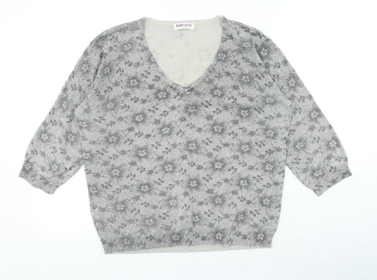 Bonmarché Womens Grey V-Neck Floral Cotton Pullover Jumper Size M