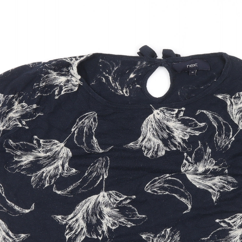 NEXT Womens Blue Floral Viscose Basic Blouse Size 10 Round Neck - Sequin