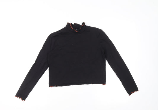 George Girls Black Cotton Pullover T-Shirt Size 10-11 Years High Neck Pullover - Ruffle detail